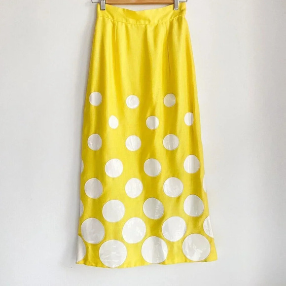 Vintage Yellow Vinyl Circle Print Midi Skirt With High Slit S - Picture 3 of 7